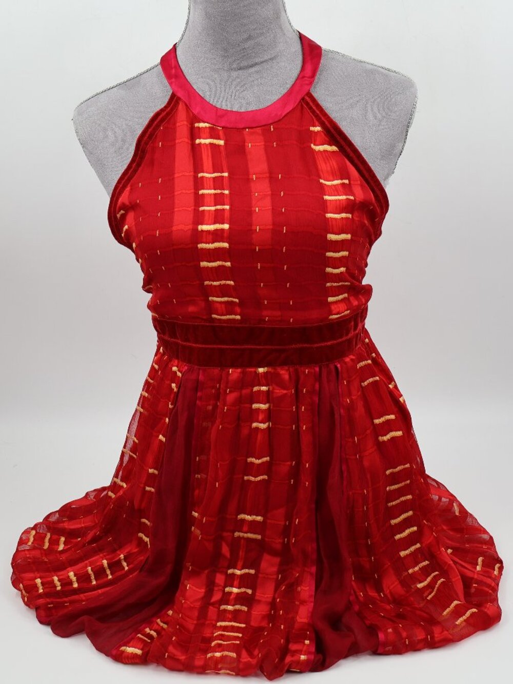 Alice + Olivia Halter Dress Womens Small Red Gold Striped Velvet Trim Bubble Hem